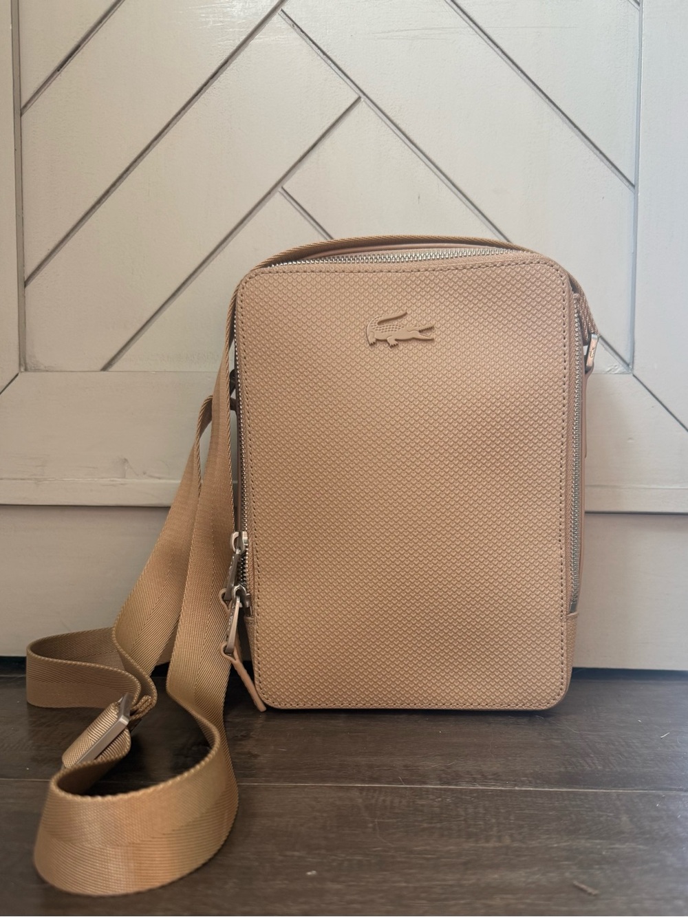 Lacoste Chantaco Piqué 100% Leather Shoulder/Camera Bag Khaki Color
